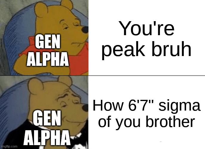 I mean..... | You're peak bruh; GEN ALPHA; How 6'7" sigma of you brother; GEN ALPHA | image tagged in memes,tuxedo winnie the pooh | made w/ Imgflip meme maker