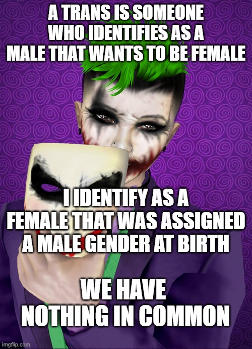 Gender | A TRANS IS SOMEONE WHO IDENTIFIES AS A MALE THAT WANTS TO BE FEMALE; I IDENTIFY AS A FEMALE THAT WAS ASSIGNED A MALE GENDER AT BIRTH; WE HAVE  NOTHING IN COMMON | image tagged in under this mask | made w/ Imgflip meme maker