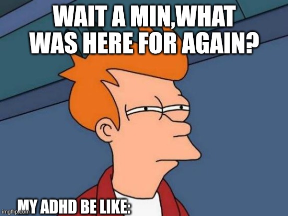 my adhd | WAIT A MIN,WHAT WAS HERE FOR AGAIN? MY ADHD BE LIKE: | image tagged in memes,futurama fry | made w/ Imgflip meme maker