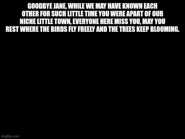 GOODBYE JANE, WHILE WE MAY HAVE KNOWN EACH OTHER FOR SUCH LITTLE TIME YOU WERE APART OF OUR NICHE LITTLE TOWN, EVERYONE HERE MISS YOU, MAY YOU REST WHERE THE BIRDS FLY FREELY AND THE TREES KEEP BLOOMING. | made w/ Imgflip meme maker