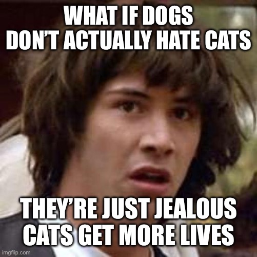 Conspiracy Keanu | WHAT IF DOGS DON’T ACTUALLY HATE CATS; THEY’RE JUST JEALOUS CATS GET MORE LIVES | image tagged in memes,conspiracy keanu | made w/ Imgflip meme maker