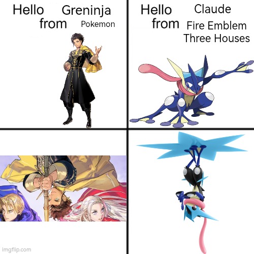It looks like Claude face a worthy opponent. Maybe even worthy to be his Pokemon-Team. | Greninja; Claude; Pokemon; Fire Emblem Three Houses | image tagged in hello person from,fire emblem,pokemon | made w/ Imgflip meme maker