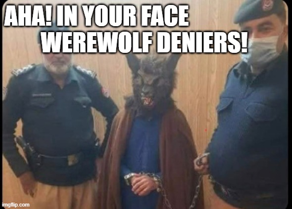 Werewolf Deniers Wrong! | AHA! IN YOUR FACE 
        WEREWOLF DENIERS! | image tagged in werewolf,silly,monster,old school humour,deniers,lycanthropy | made w/ Imgflip meme maker