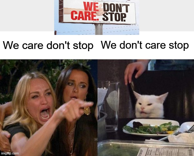 We don't care so pls just stop | We care don't stop; We don't care stop | image tagged in memes,woman yelling at cat,oh wow are you actually reading these tags | made w/ Imgflip meme maker