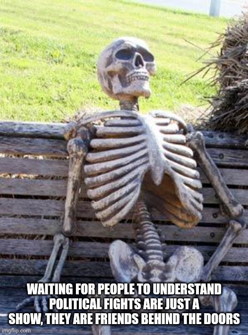 Don't you think the same? | WAITING FOR PEOPLE TO UNDERSTAND POLITICAL FIGHTS ARE JUST A SHOW, THEY ARE FRIENDS BEHIND THE DOORS | image tagged in memes,waiting skeleton,politics,funny | made w/ Imgflip meme maker