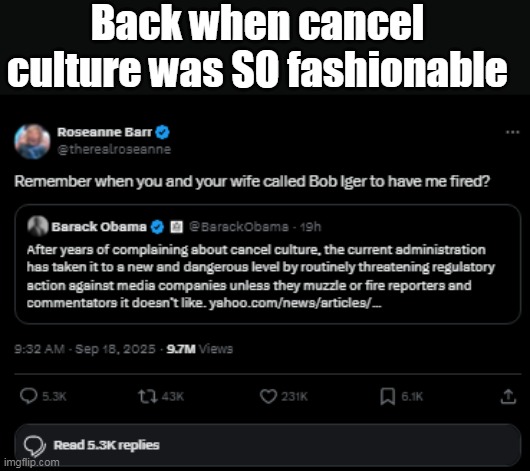 Good for the Goose? | Back when cancel culture was SO fashionable | image tagged in obama caneled roseann show meme | made w/ Imgflip meme maker