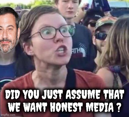 Protests for Kimmel ? | DID YOU JUST ASSUME THAT
WE WANT HONEST MEDIA ? | image tagged in angry liberal,a new low,biased media,media lies,true love,find something to do | made w/ Imgflip meme maker