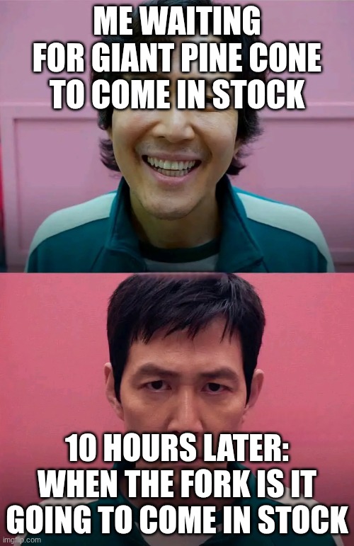 Squid Game | ME WAITING FOR GIANT PINE CONE TO COME IN STOCK; 10 HOURS LATER: WHEN THE FORK IS IT GOING TO COME IN STOCK | image tagged in squid game | made w/ Imgflip meme maker