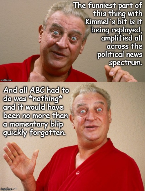 Monumental appeasement fail or carefully formulated amplification strategy? You decide. | The funniest part of
this thing with
Kimmel's bit is it
being replayed,
amplified all
across the
political news
spectrum. And all ABC had to
do was *nothing*
and it would have
been no more than
a momentary blip
quickly forgotten. | image tagged in rodney dangerfield,lol,just sayin' | made w/ Imgflip meme maker