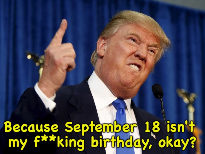 Trump explaining why there was no Air Force parade yesterday | Because September 18 isn't 
my f**king birthday, okay? | image tagged in donald trump meme | made w/ Imgflip meme maker