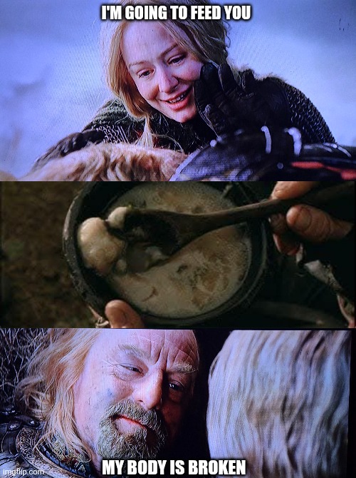 Stew | I'M GOING TO FEED YOU; MY BODY IS BROKEN | image tagged in lotr,food,aragorn | made w/ Imgflip meme maker