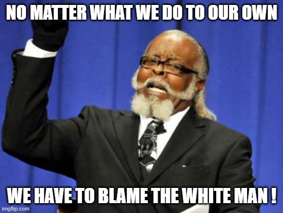 Too Damn High | NO MATTER WHAT WE DO TO OUR OWN; WE HAVE TO BLAME THE WHITE MAN ! | image tagged in memes,too damn high | made w/ Imgflip meme maker