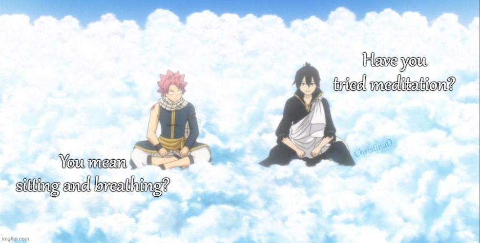 Fairy Tail Memes Meditation | Have you tried meditation? ChristinaO; You mean sitting and breathing? | image tagged in memes,fairy tail,fairy tail memes,zeref dragneel,natsu dragneel,anime meme | made w/ Imgflip meme maker
