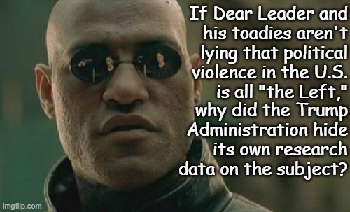 Inconvenient federal study data? No problem -just make sure it's indefinitely "removed for review." | If Dear Leader and
his toadies aren't
lying that political
violence in the U.S.
is all "the Left,"; why did the Trump
Administration hide
its own research
data on the subject? | image tagged in liars,cover up,trump unfit unqualified dangerous,wannabe,dictator,still not distracted from epstein | made w/ Imgflip meme maker