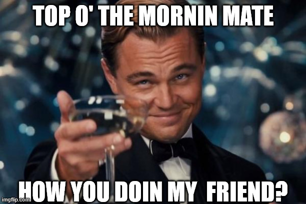 TOP O' THE MORNIN MATE HOW YOU DOIN MY  FRIEND? | image tagged in memes,leonardo dicaprio cheers | made w/ Imgflip meme maker