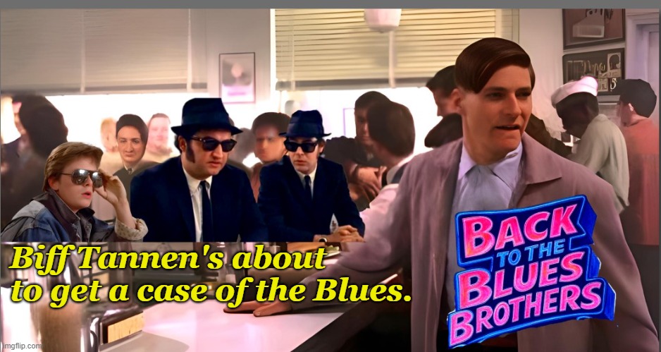 4 whole fried chickens and a Pepsi Free | Biff Tannen's about to get a case of the Blues. | image tagged in blues brothers,back to the future,mashup,funny memes | made w/ Imgflip meme maker