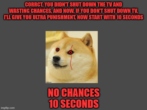 Doge Anti-Piracy 1 (Part 10) | CORRCT, YOU DIDN'T SHUT DOWN THE TV AND WASTING CHANCES, AND NOW, IF YOU DON'T SHUT DOWN TV, I'LL GIVE YOU ULTRA PUNISHMENT, NOW START WITH 10 SECONDS; NO CHANCES
10 SECONDS | image tagged in doge anti-piracy | made w/ Imgflip meme maker