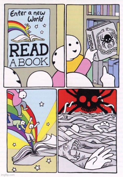 They probably should’ve chosen another book… | image tagged in comics,pbf,read a book,magic world | made w/ Imgflip meme maker
