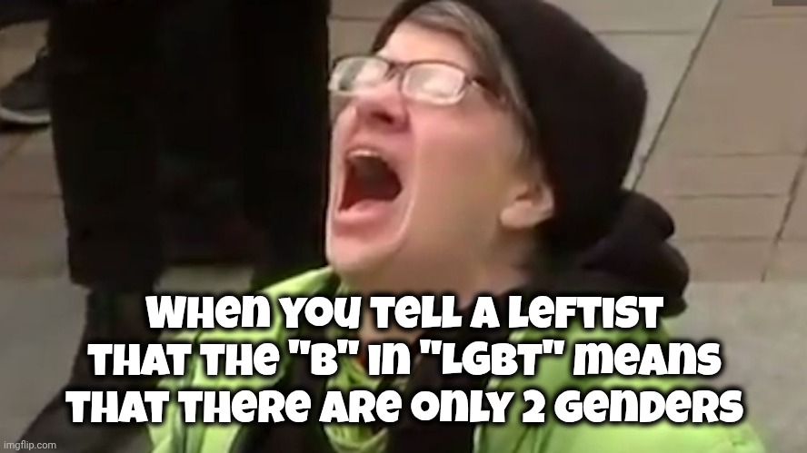Screaming Liberal  | When you tell a leftist that the "B" in "LGBT" means that there are only 2 genders | image tagged in screaming liberal | made w/ Imgflip meme maker