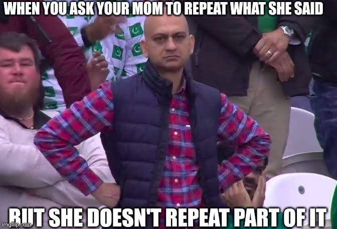 interesting title | WHEN YOU ASK YOUR MOM TO REPEAT WHAT SHE SAID; BUT SHE DOESN'T REPEAT PART OF IT | image tagged in disappointed man | made w/ Imgflip meme maker