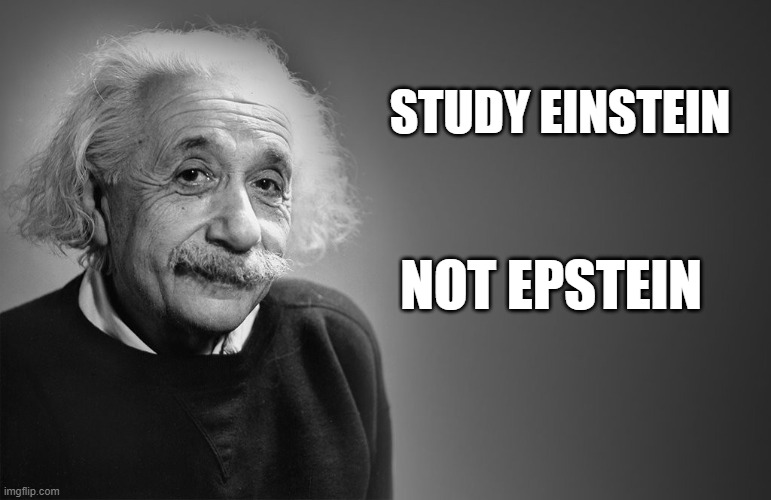don't indoctrinate, educate | STUDY EINSTEIN; NOT EPSTEIN | image tagged in albert einstein,science | made w/ Imgflip meme maker