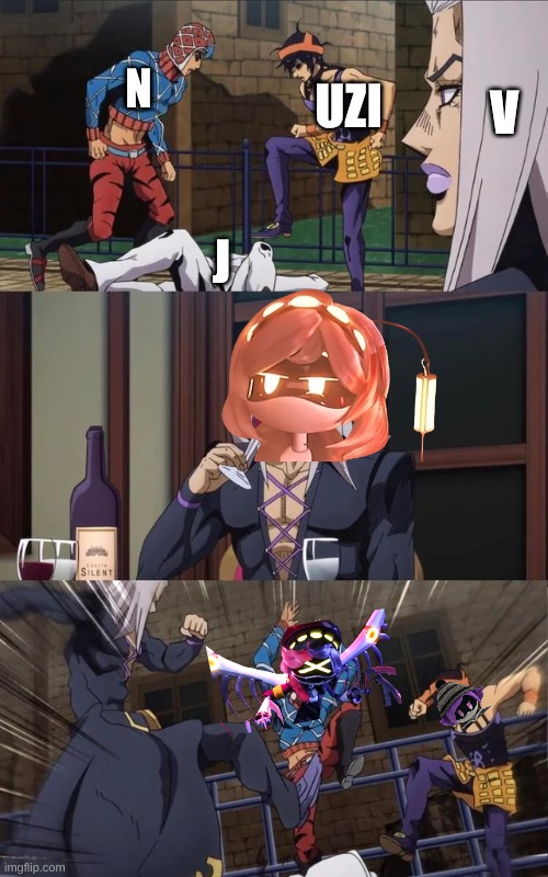 the trio hates her | N; UZI; V; J | image tagged in jojo beating,murder drones,memeder drones | made w/ Imgflip meme maker