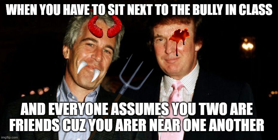 they aren't on the same side | WHEN YOU HAVE TO SIT NEXT TO THE BULLY IN CLASS; AND EVERYONE ASSUMES YOU TWO ARE FRIENDS CUZ YOU ARER NEAR ONE ANOTHER | image tagged in trump,epstein,controversial | made w/ Imgflip meme maker