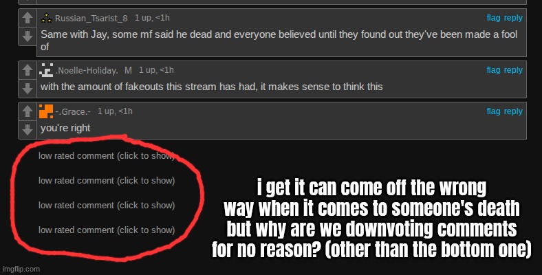 i get it can come off the wrong way when it comes to someone's death but why are we downvoting comments for no reason? (other than the bottom one) | made w/ Imgflip meme maker