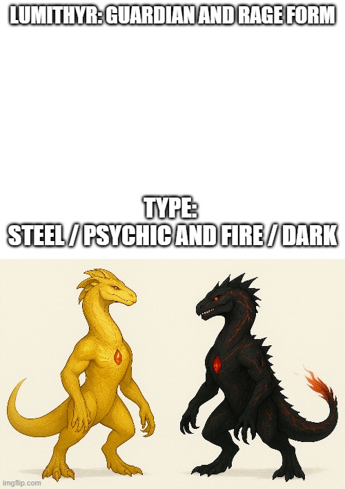 new fakemon | LUMITHYR: GUARDIAN AND RAGE FORM; TYPE: 
STEEL / PSYCHIC AND FIRE / DARK | image tagged in pokemon,fakemon | made w/ Imgflip meme maker