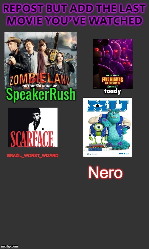 Repost | Nero | image tagged in repostbutaddthelastmovieyouvewatched | made w/ Imgflip meme maker