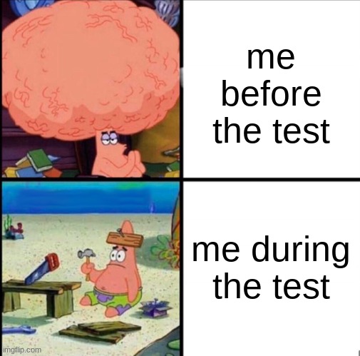 tests | me before the test; me during the test | image tagged in patrick big brain | made w/ Imgflip meme maker