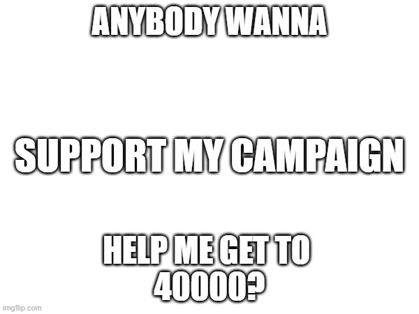 ANYBODY WANNA; SUPPORT MY CAMPAIGN; HELP ME GET TO 
40000? | image tagged in campaign,40000fornero,nerothehero | made w/ Imgflip meme maker