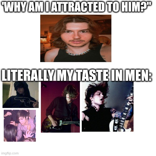first meme in a long time | 'WHY AM I ATTRACTED TO HIM?"; LITERALLY MY TASTE IN MEN: | image tagged in crush | made w/ Imgflip meme maker