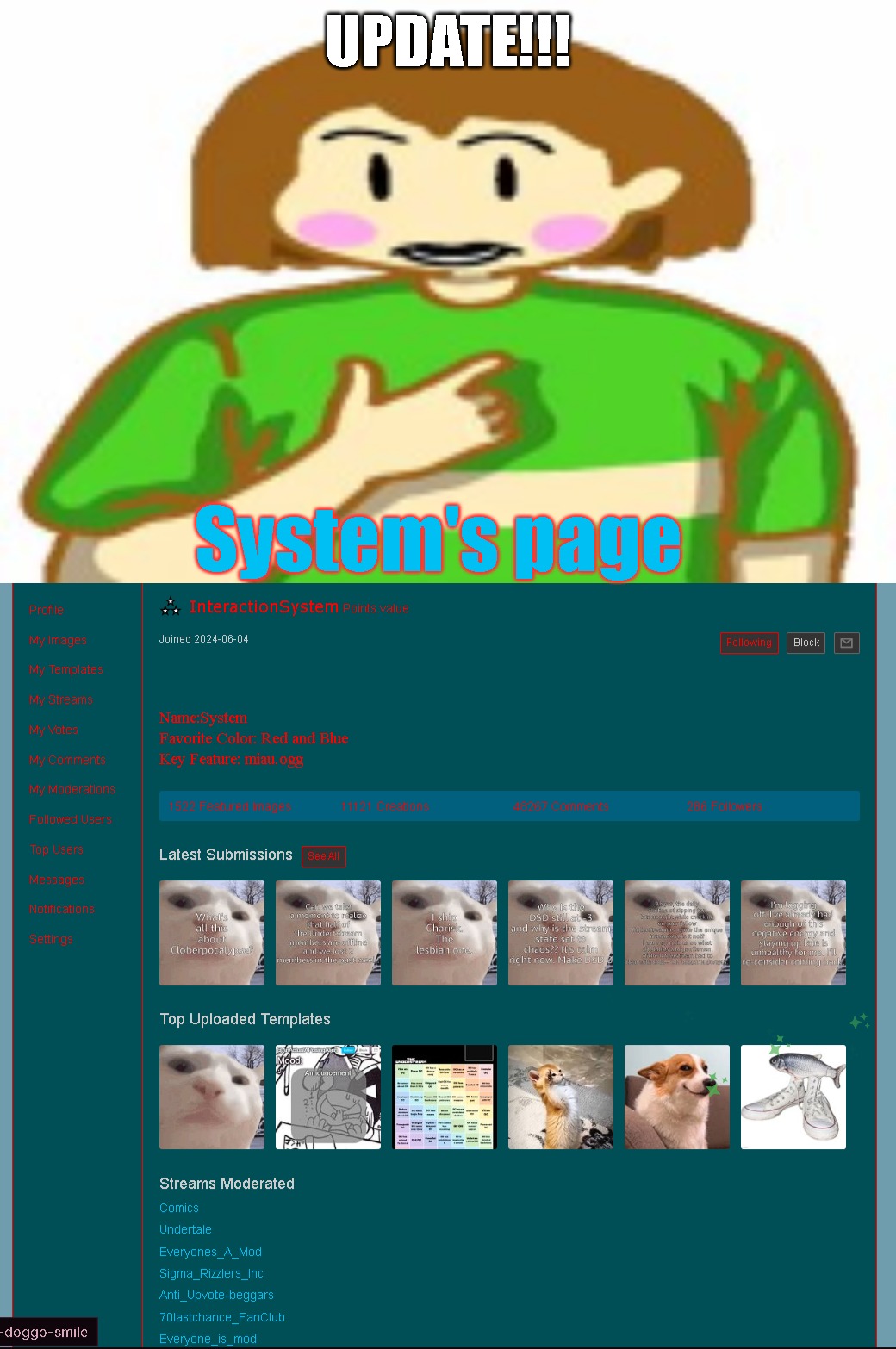 UPDATE!!! System's page | image tagged in chara funni | made w/ Imgflip meme maker