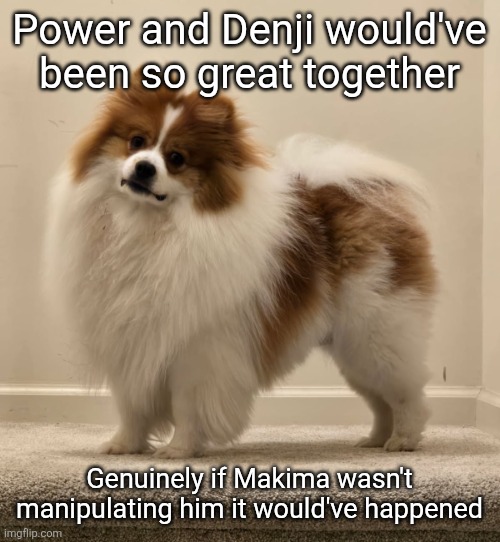 Dank's Dog (Ike) | Power and Denji would've been so great together; Genuinely if Makima wasn't manipulating him it would've happened | image tagged in dank's dog ike | made w/ Imgflip meme maker
