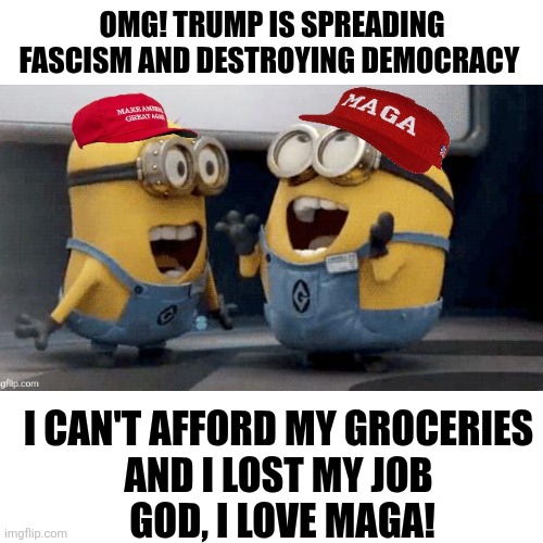 Blank Transparent Square Meme | OMG! TRUMP IS SPREADING FASCISM AND DESTROYING DEMOCRACY I CAN'T AFFORD MY GROCERIES
 AND I LOST MY JOB 
 GOD, I LOVE MAGA! | image tagged in memes,blank transparent square | made w/ Imgflip meme maker