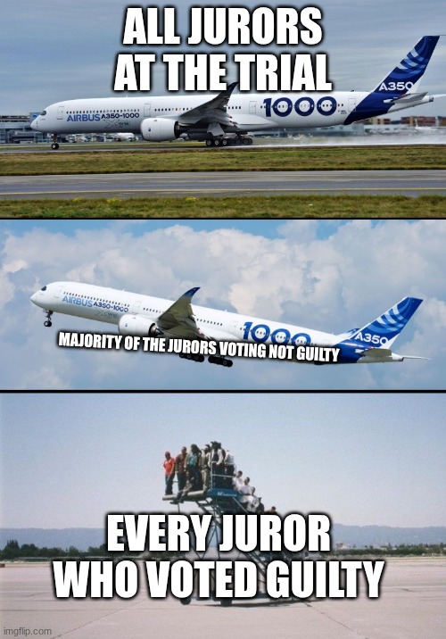 Plane forgot passengers | ALL JURORS AT THE TRIAL; MAJORITY OF THE JURORS VOTING NOT GUILTY; EVERY JUROR WHO VOTED GUILTY | image tagged in plane forgot passengers | made w/ Imgflip meme maker