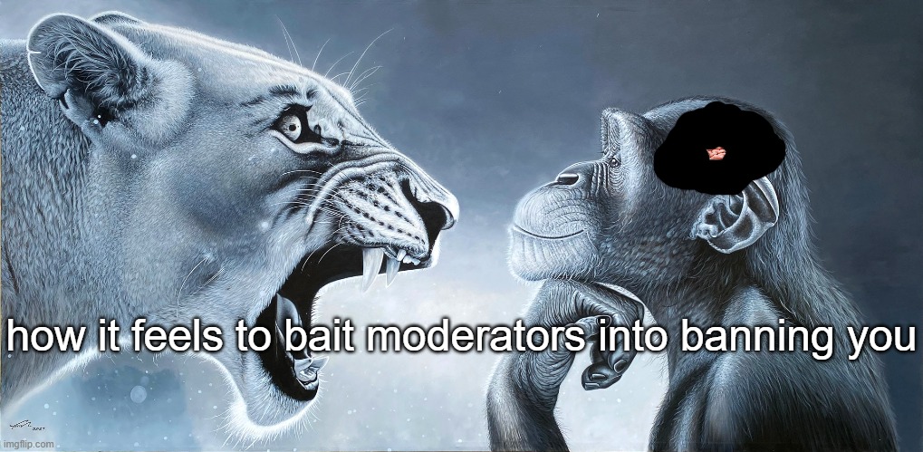 Lion Roars at monkey | how it feels to bait moderators into banning you | image tagged in lion roars at monkey | made w/ Imgflip meme maker