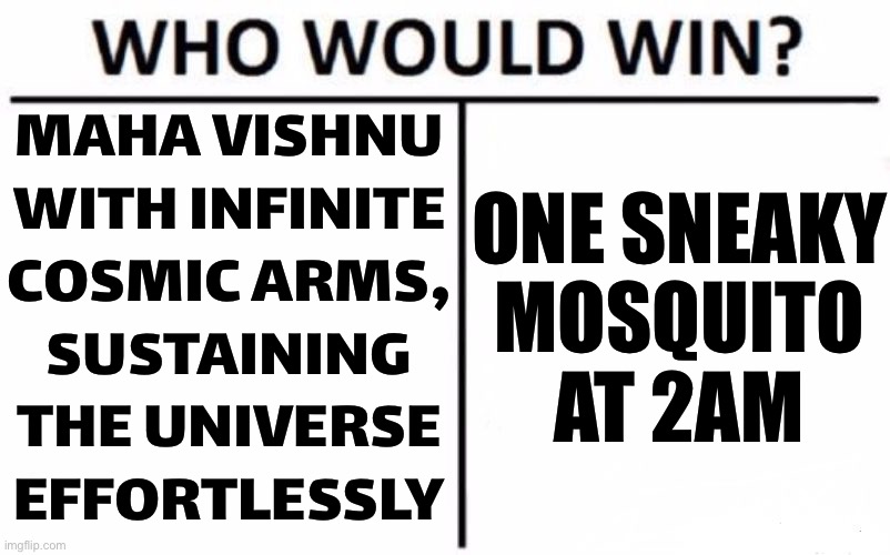 Who Would Win? | MAHA VISHNU
WITH INFINITE
COSMIC ARMS,
SUSTAINING
THE UNIVERSE
EFFORTLESSLY; ONE SNEAKY
MOSQUITO
AT 2AM | image tagged in memes,who would win | made w/ Imgflip meme maker