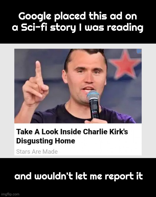 From The Website 3vdf.com | Google placed this ad on a Sci-fi story I was reading; and wouldn't let me report it | image tagged in blank black,despicable people,x x everywhere,biased media,google no results | made w/ Imgflip meme maker