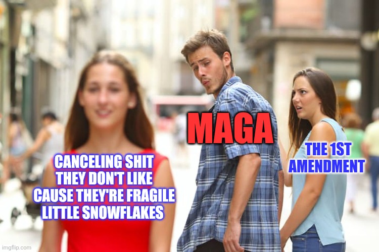 Distracted Boyfriend Meme | MAGA; THE 1ST AMENDMENT; CANCELING SHIT THEY DON'T LIKE CAUSE THEY'RE FRAGILE LITTLE SNOWFLAKES | image tagged in memes,distracted boyfriend | made w/ Imgflip meme maker
