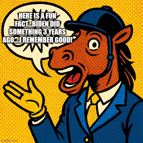 Response to everything..... | HERE IS A FUN FACT...BIDEN DID SOMETHING 3 YEARS AGO....I REMEMBER GOOD! | image tagged in horseman rambling about nonsense | made w/ Imgflip meme maker