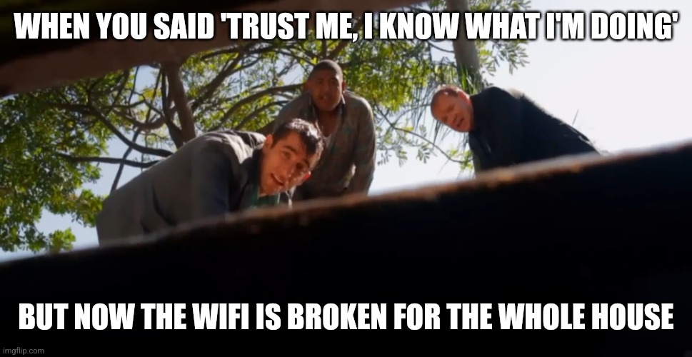Csi miami | WHEN YOU SAID 'TRUST ME, I KNOW WHAT I'M DOING'; BUT NOW THE WIFI IS BROKEN FOR THE WHOLE HOUSE | image tagged in 3 wishes | made w/ Imgflip meme maker