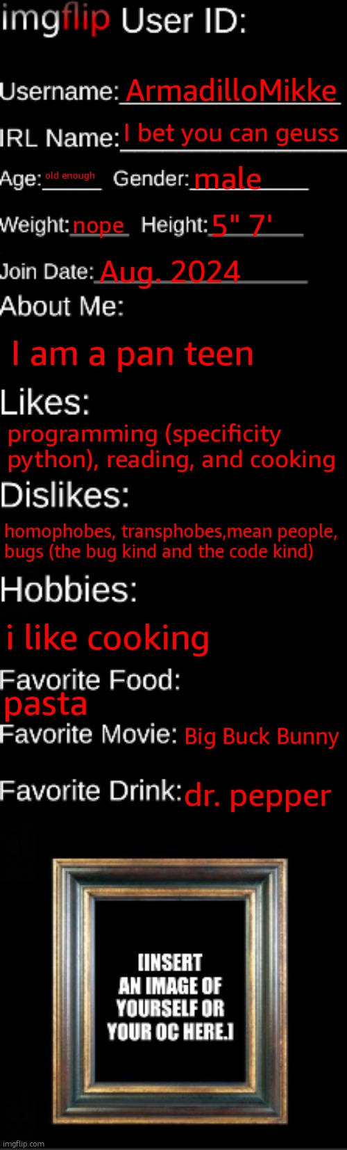 imgflip ID Card | ArmadilloMikke; I bet you can geuss; old enough; male; nope; 5" 7'; Aug. 2024; I am a pan teen; programming (specificity python), reading, and cooking; homophobes, transphobes,mean people, bugs (the bug kind and the code kind); i like cooking; pasta; Big Buck Bunny; dr. pepper | image tagged in imgflip id card | made w/ Imgflip meme maker