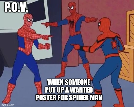 Universes collided | P.O.V. WHEN SOMEONE PUT UP A WANTED POSTER FOR SPIDER MAN | image tagged in 3 spiderman pointing | made w/ Imgflip meme maker