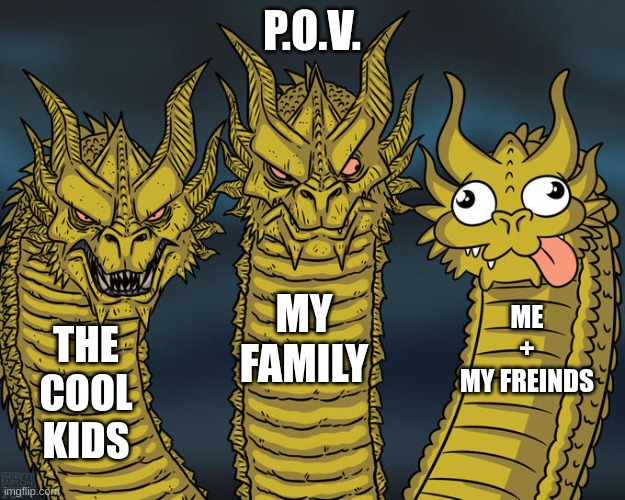 My social life. | P.O.V. MY
FAMILY; ME
+
MY FREINDS; THE
COOL
KIDS | image tagged in three-headed dragon | made w/ Imgflip meme maker