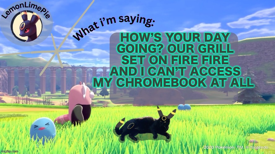 Ah yes life being a pain in my butt | HOW’S YOUR DAY GOING? OUR GRILL SET ON FIRE FIRE AND I CAN’T ACCESS MY CHROMEBOOK AT ALL | image tagged in lemonlimepie | made w/ Imgflip meme maker