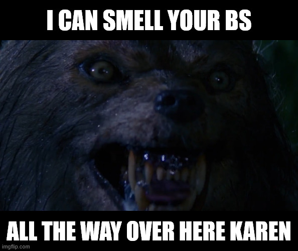 Follow your nose ~~~ | I CAN SMELL YOUR BS; ALL THE WAY OVER HERE KAREN | image tagged in werewolf | made w/ Imgflip meme maker