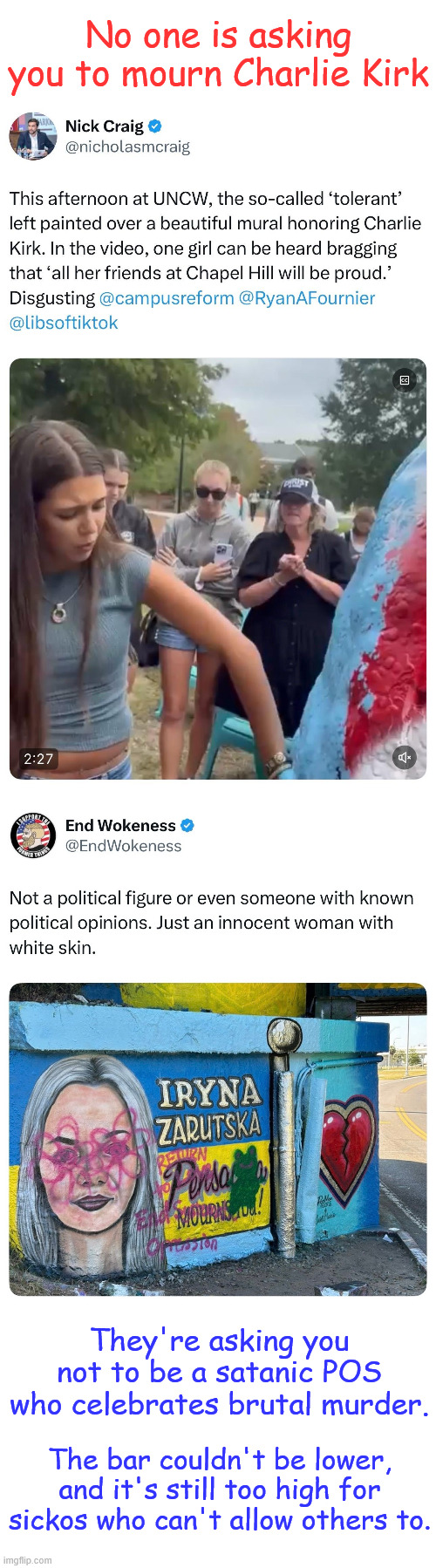 Sickos glorifying brutal murder | No one is asking you to mourn Charlie Kirk; They're asking you not to be a satanic POS who celebrates brutal murder. The bar couldn't be lower, and it's still too high for sickos who can't allow others to. | image tagged in seek help,sickos | made w/ Imgflip meme maker