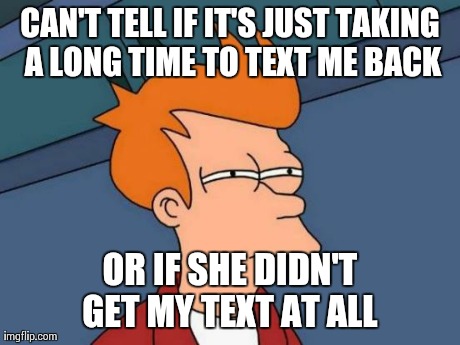 Futurama Fry | CAN'T TELL IF IT'S JUST TAKING A LONG TIME TO TEXT ME BACK OR IF SHE DIDN'T GET MY TEXT AT ALL | image tagged in memes,futurama fry | made w/ Imgflip meme maker